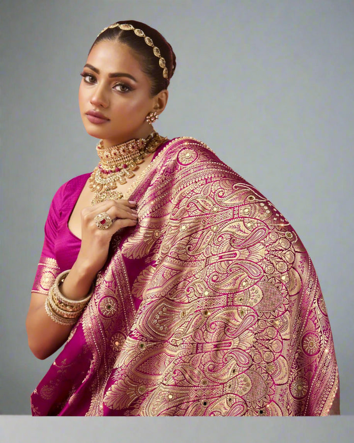 Vanya – Fuchsia Pink Banarasi Silk Saree with Swarovski & Zari Embroidery | Fazals