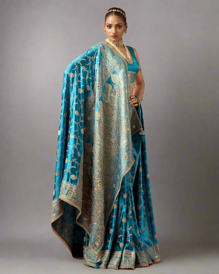 Sitara – Blue Banarasi Silk Saree with Antique Zari Detailing | Fazals