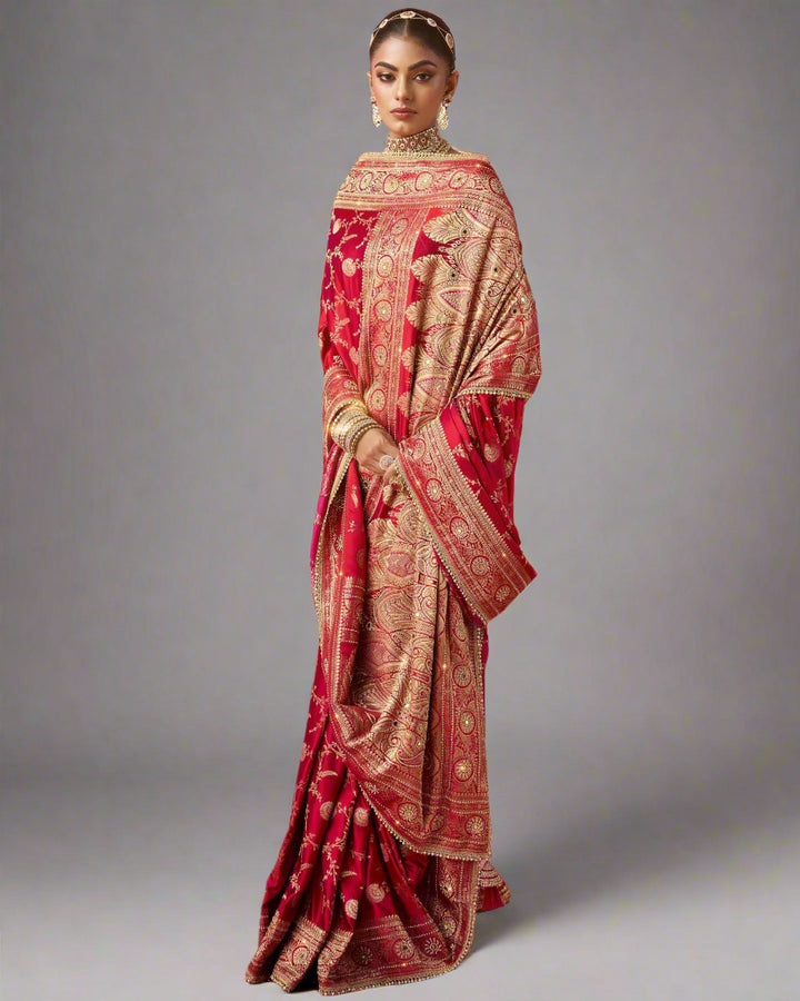 Diya – Red Banarasi Silk Saree with Swarovski & Zari Highlights | Fazals