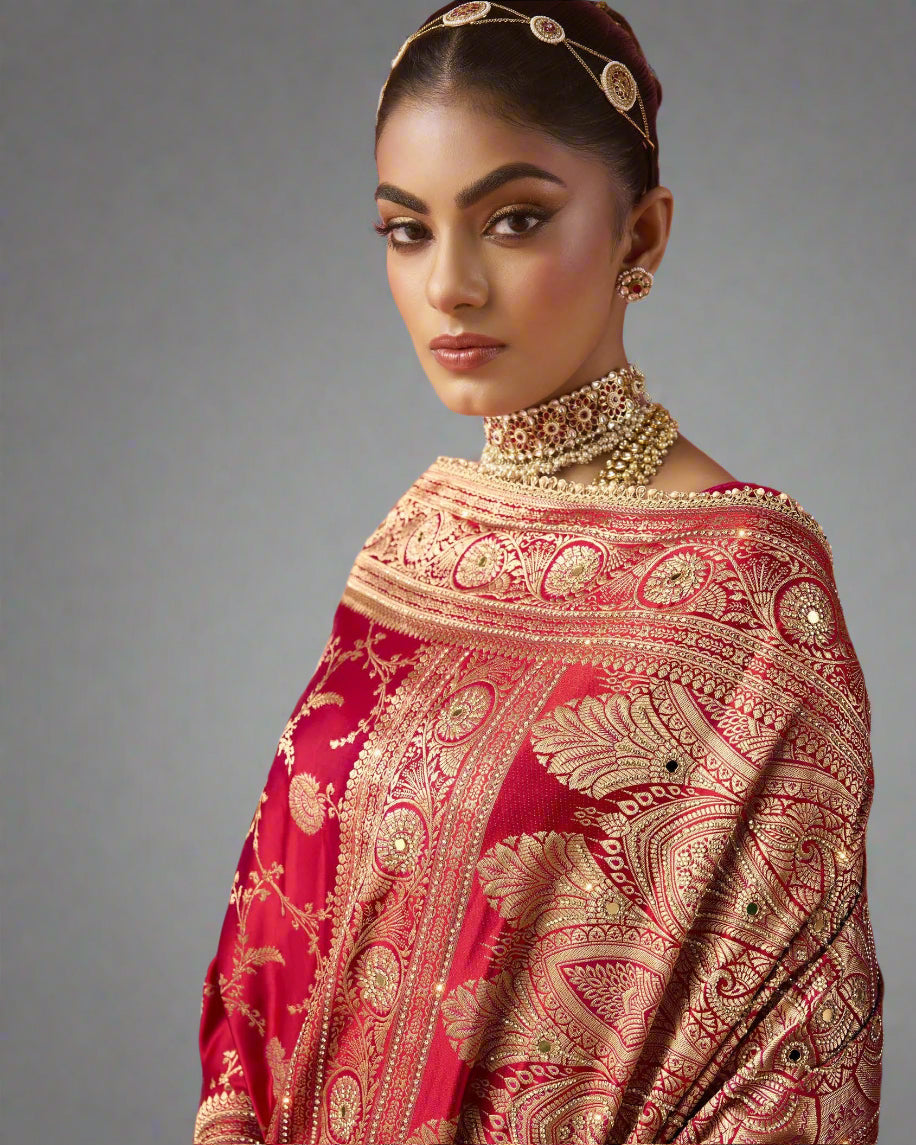 Diya – Red Banarasi Silk Saree with Swarovski & Zari Highlights | Fazals