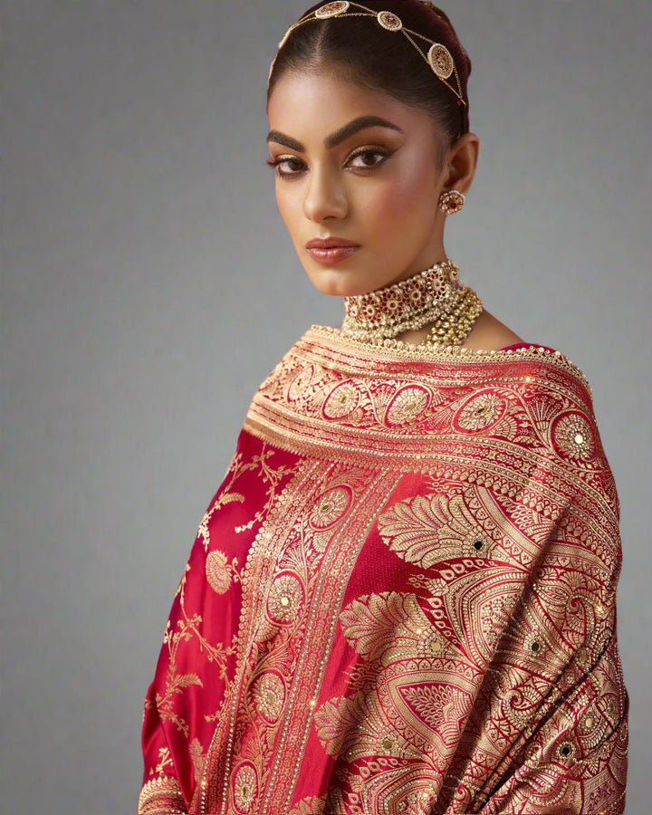 Diya – Red Banarasi Silk Saree with Swarovski & Zari Highlights | Fazals