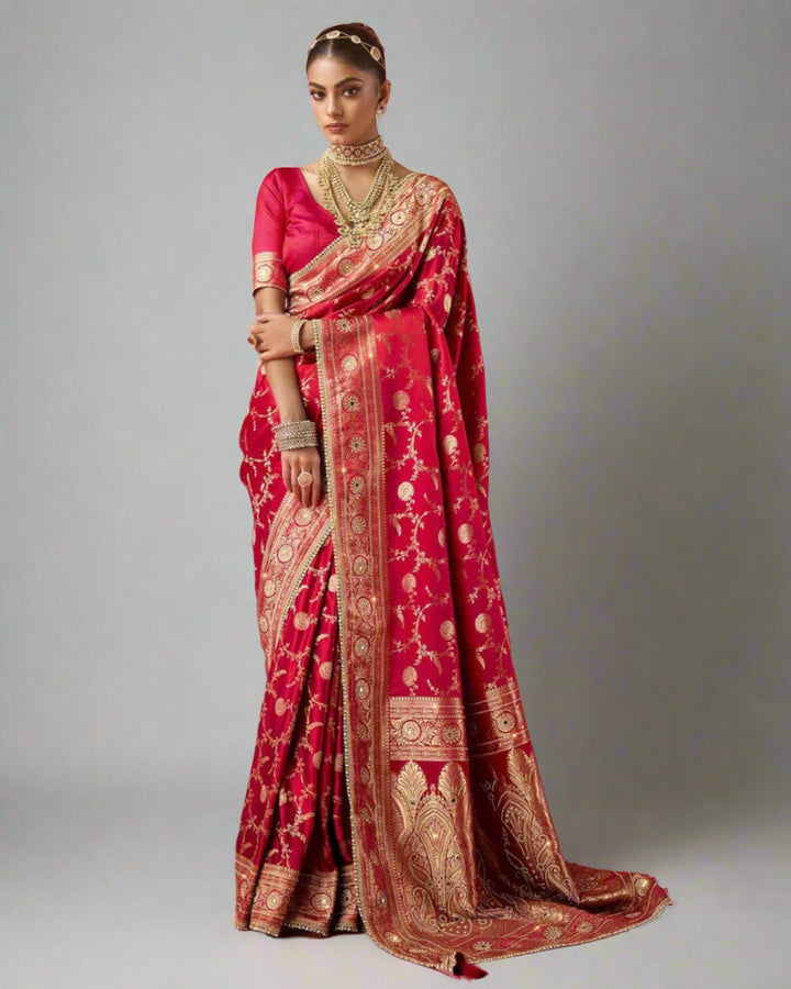 Diya – Red Banarasi Silk Saree with Swarovski & Zari Highlights | Fazals
