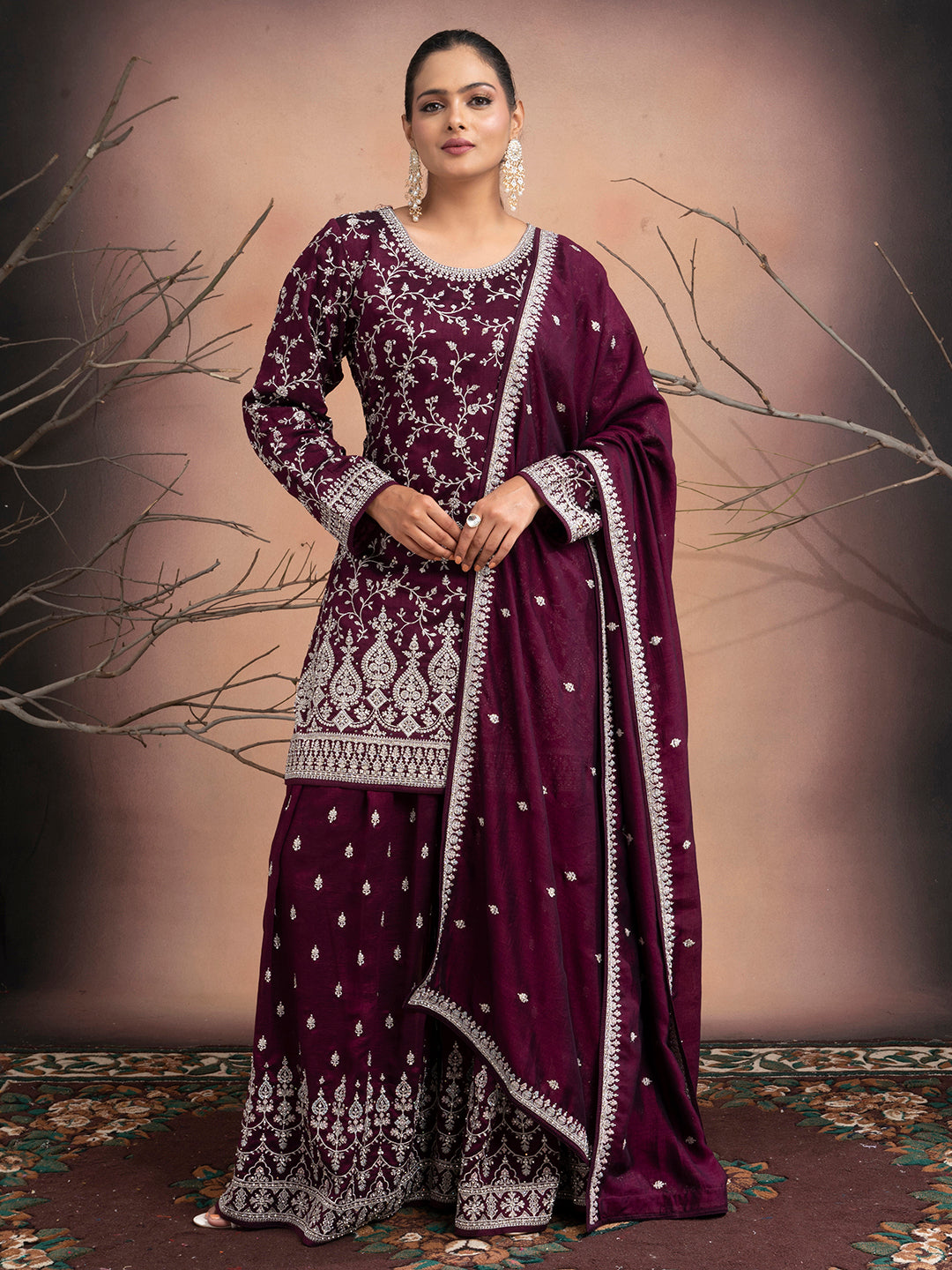 Husna – Wine Silk Palazzo Suit with Zari Embroidery | Fazals