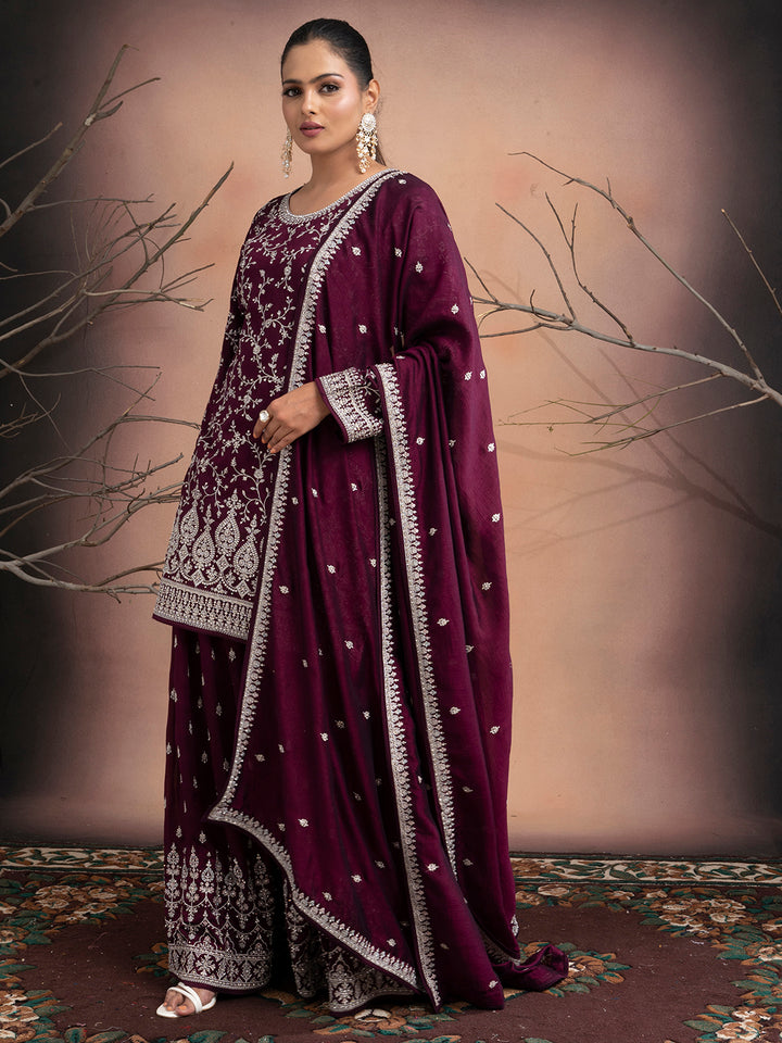 Husna – Wine Silk Palazzo Suit with Zari Embroidery | Fazals