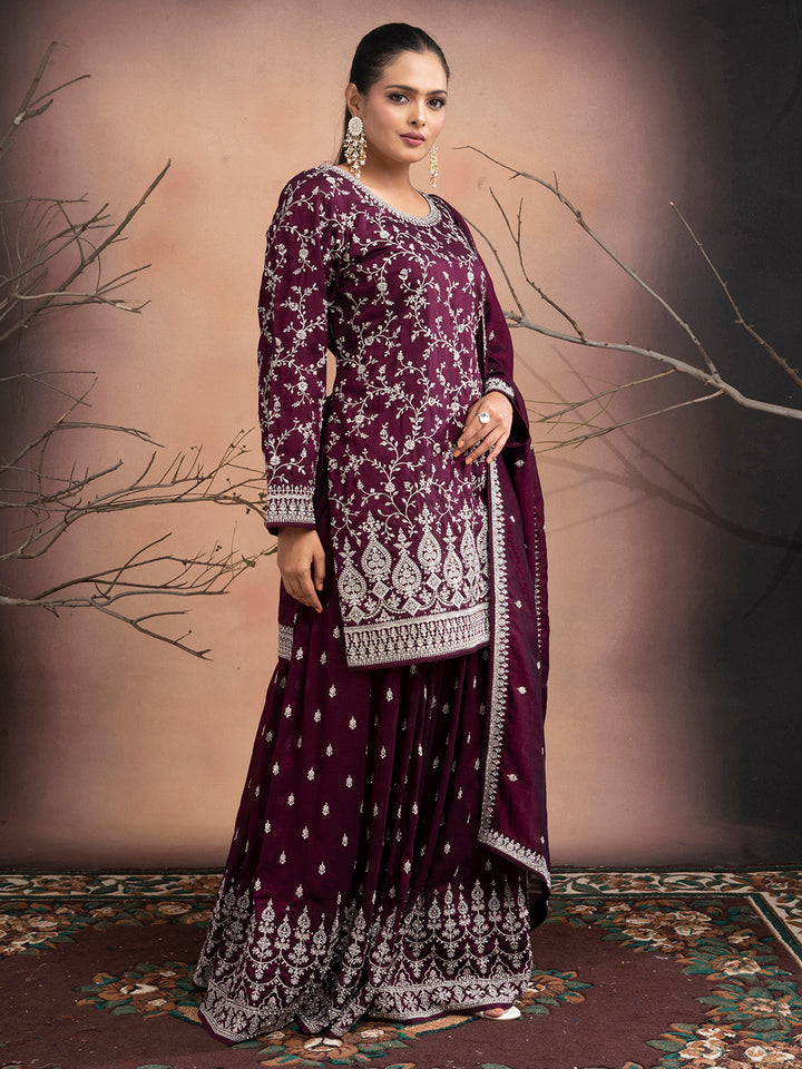 Husna – Wine Silk Palazzo Suit with Zari Embroidery | Fazals