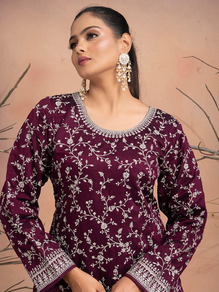 Husna – Wine Silk Palazzo Suit with Zari Embroidery | Fazals