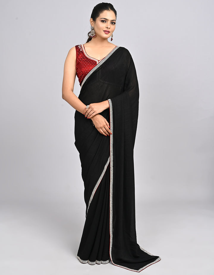 Siyara – Black Silk Saree with Swarovski Stone Border & Contrast Blouse | Fazals