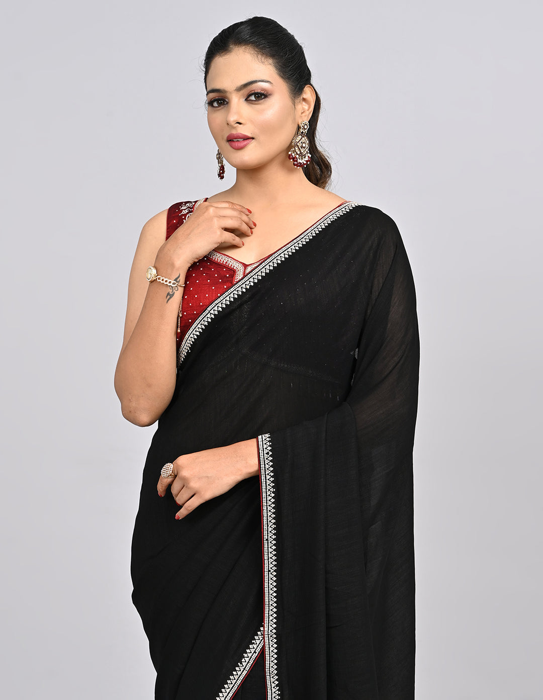 Siyara – Black Silk Saree with Swarovski Stone Border & Contrast Blouse | Fazals