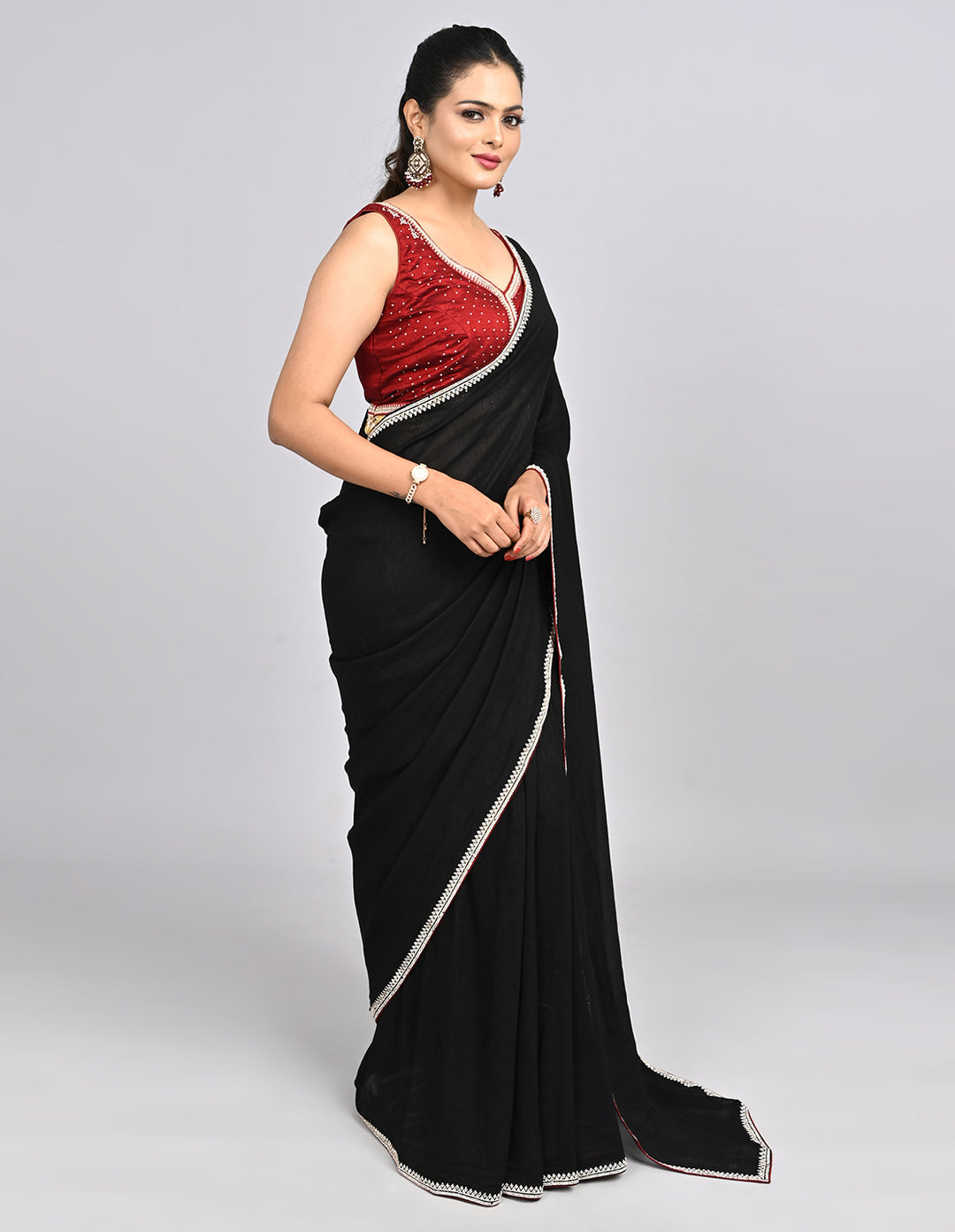 Siyara – Black Silk Saree with Swarovski Stone Border & Contrast Blouse | Fazals