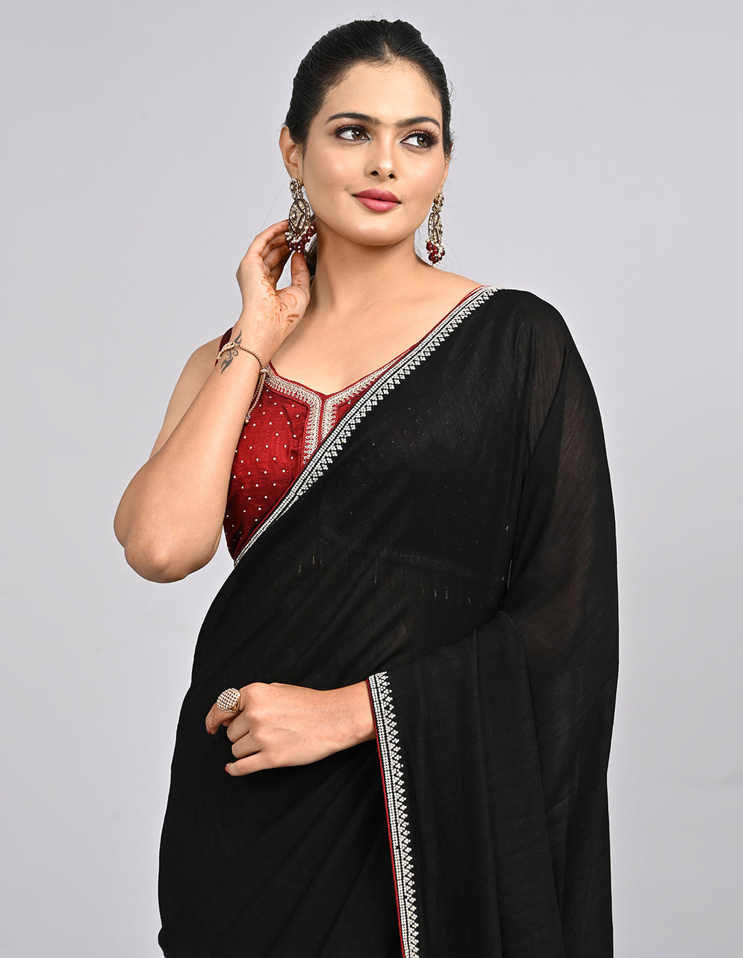 Siyara – Black Silk Saree with Swarovski Stone Border & Contrast Blouse | Fazals