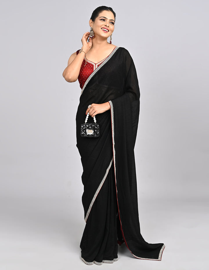 Siyara – Black Silk Saree with Swarovski Stone Border & Contrast Blouse | Fazals