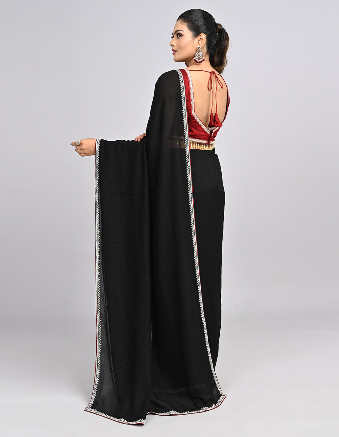Siyara – Black Silk Saree with Swarovski Stone Border & Contrast Blouse | Fazals