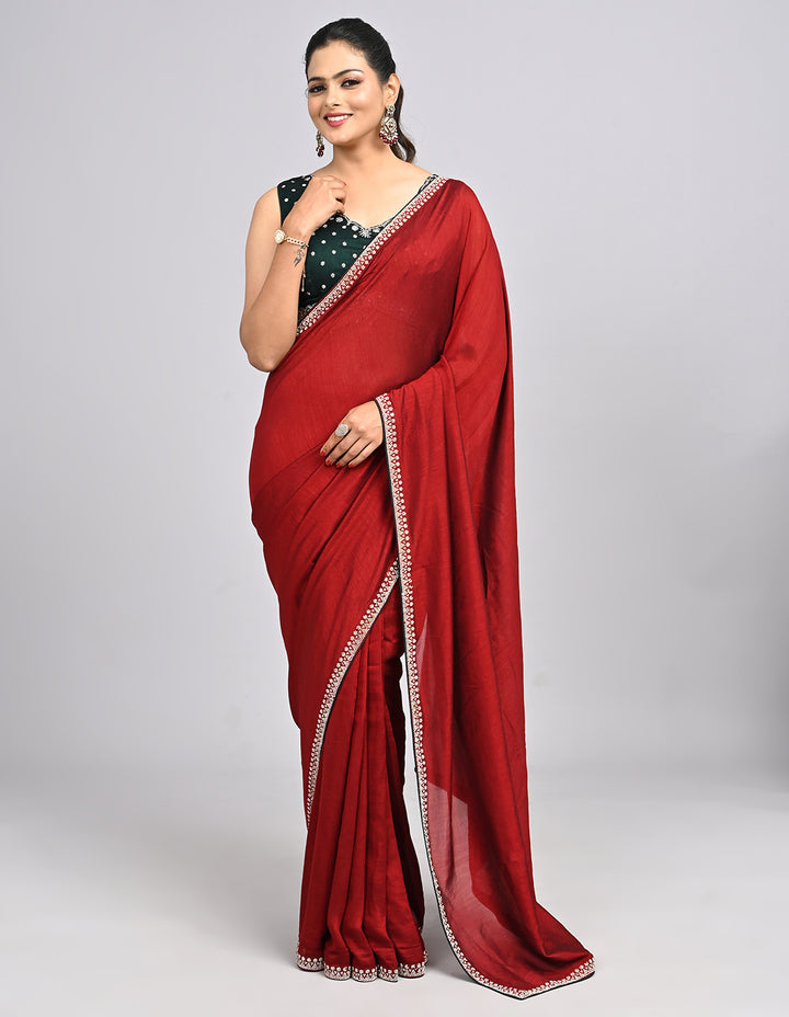 Aniya – Maroon Silk Saree with Swarovski Border & Contrast Blouse | Fazals