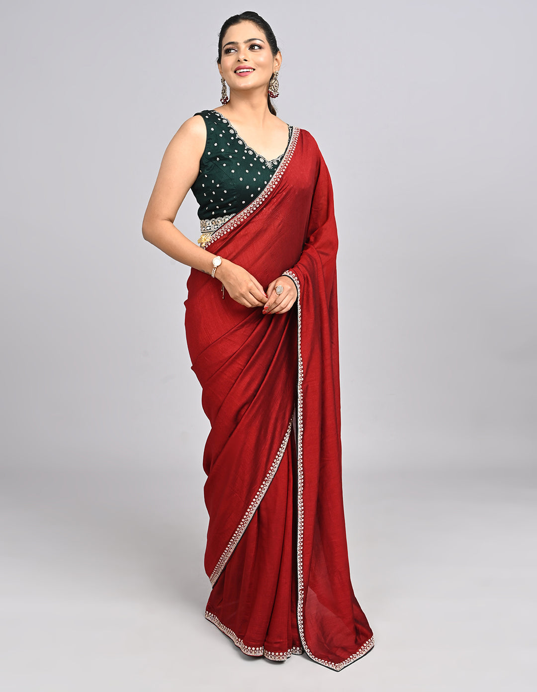 Aniya – Maroon Silk Saree with Swarovski Border & Contrast Blouse | Fazals