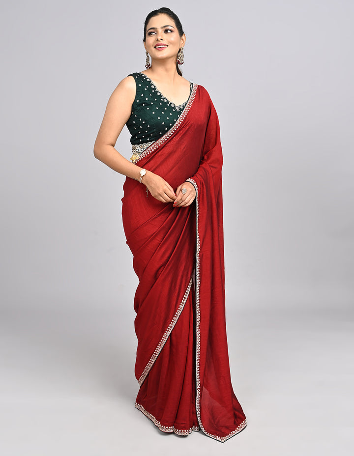Aniya – Maroon Silk Saree with Swarovski Border & Contrast Blouse | Fazals