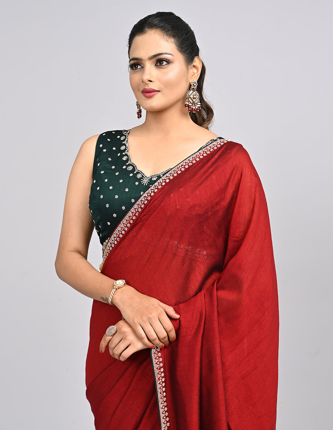 Aniya – Maroon Silk Saree with Swarovski Border & Contrast Blouse | Fazals