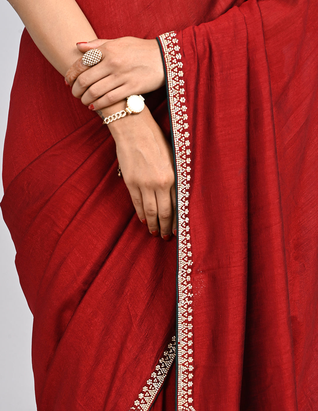 Aniya – Maroon Silk Saree with Swarovski Border & Contrast Blouse | Fazals