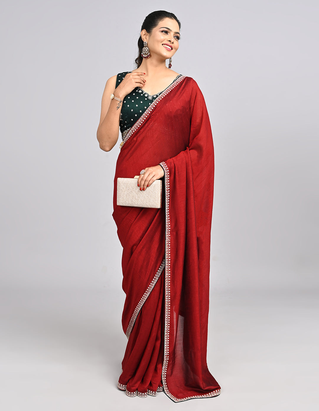 Aniya – Maroon Silk Saree with Swarovski Border & Contrast Blouse | Fazals