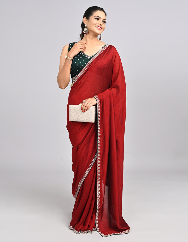 Aniya – Maroon Silk Saree with Swarovski Border & Contrast Blouse | Fazals