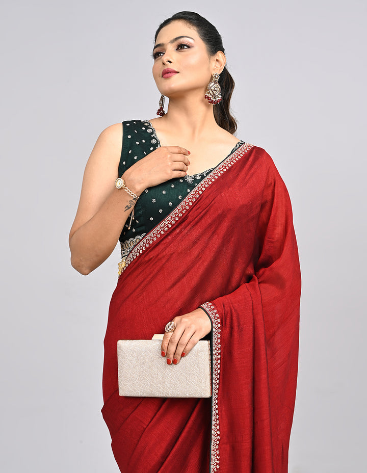 Aniya – Maroon Silk Saree with Swarovski Border & Contrast Blouse | Fazals