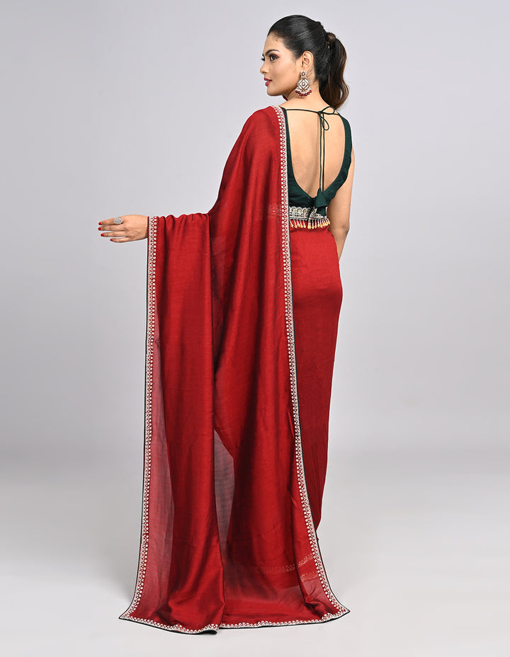 Aniya – Maroon Silk Saree with Swarovski Border & Contrast Blouse | Fazals