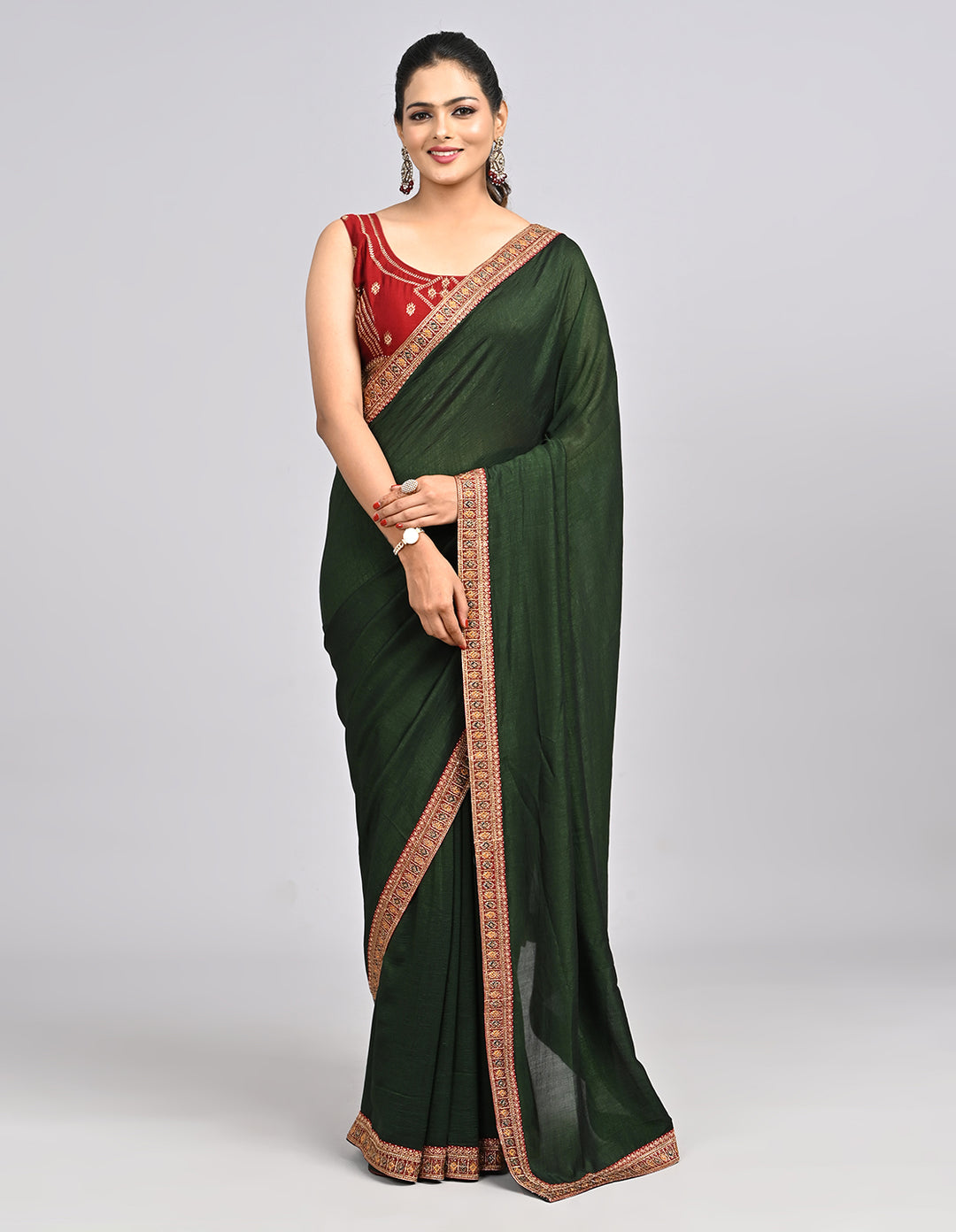 Ishra – Green Silk Saree with Zari Border & Contrast Blouse | Fazals