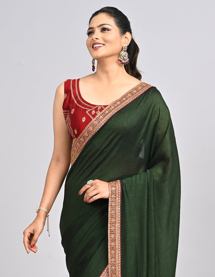 Ishra – Green Silk Saree with Zari Border & Contrast Blouse | Fazals
