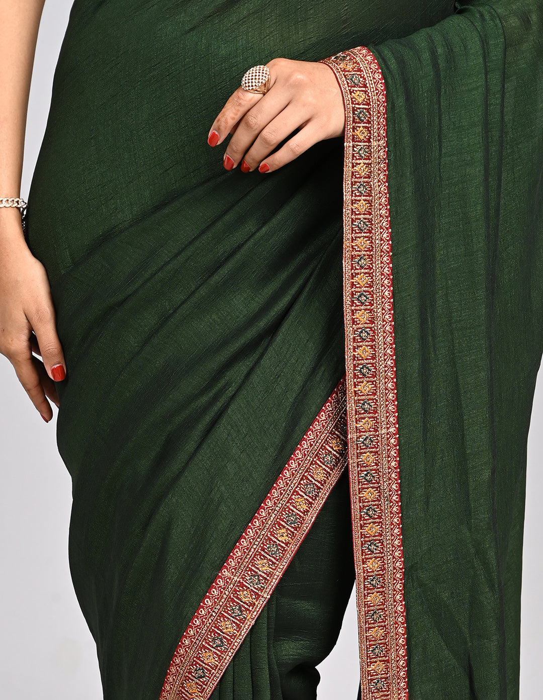 Ishra – Green Silk Saree with Zari Border & Contrast Blouse | Fazals