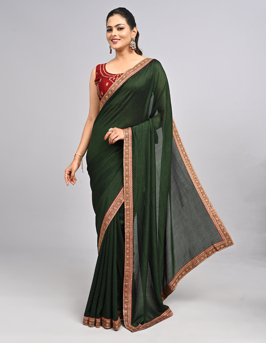 Ishra – Green Silk Saree with Zari Border & Contrast Blouse | Fazals