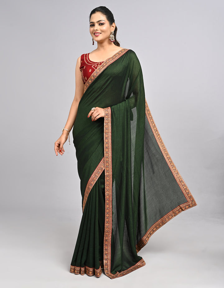 Ishra – Green Silk Saree with Zari Border & Contrast Blouse | Fazals
