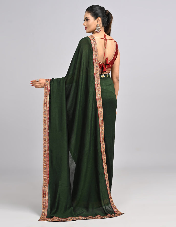 Ishra – Green Silk Saree with Zari Border & Contrast Blouse | Fazals