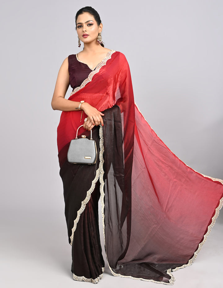 Meher – Ombre Chinnon Saree with Stonework Border & Self-Colour Blouse | Fazals
