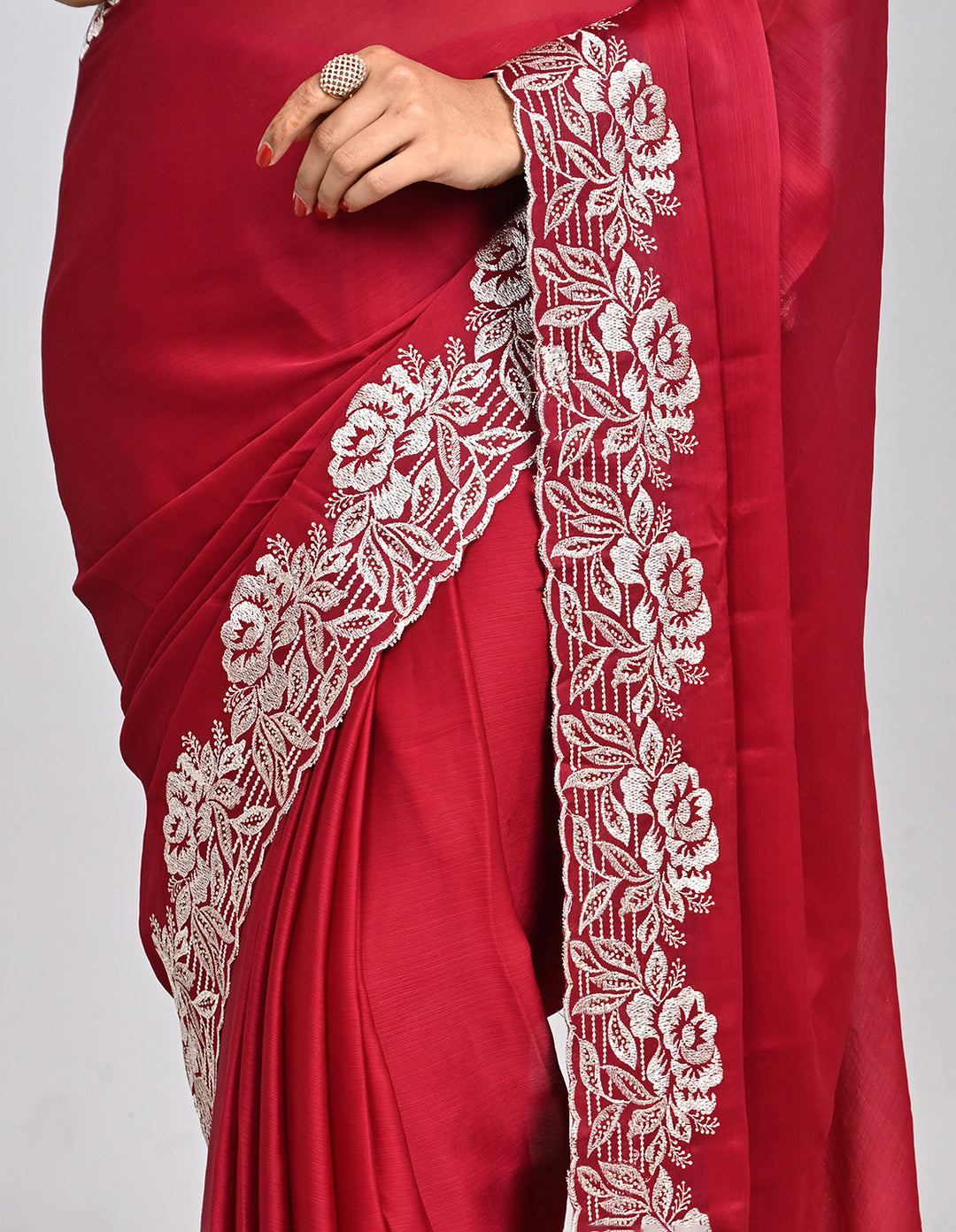 Ruhani – Red Chinnon Saree with Threadwork Border & Self-Coloured Blouse | Fazals