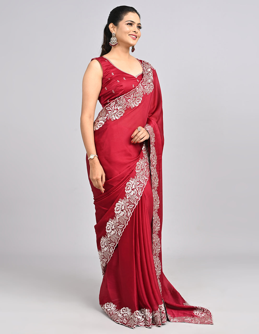 Ruhani – Red Chinnon Saree with Threadwork Border & Self-Coloured Blouse | Fazals