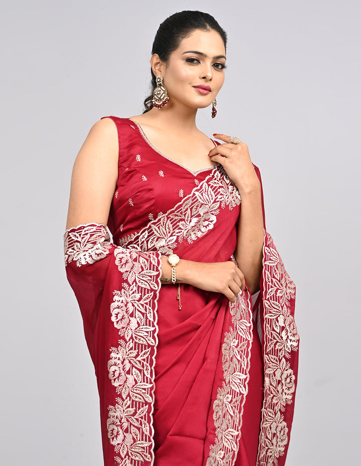 Ruhani – Red Chinnon Saree with Threadwork Border & Self-Coloured Blouse | Fazals