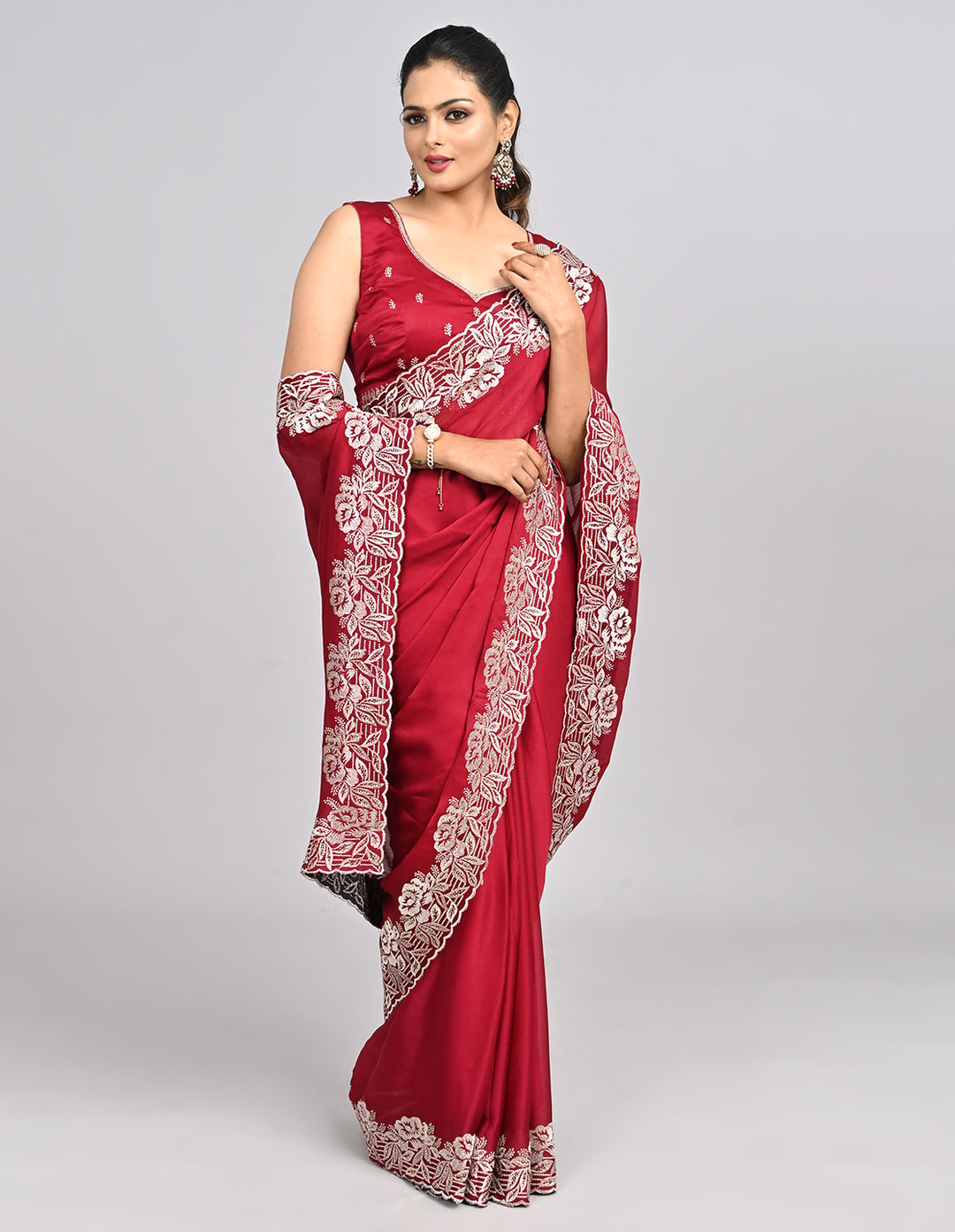 Ruhani – Red Chinnon Saree with Threadwork Border & Self-Coloured Blouse | Fazals
