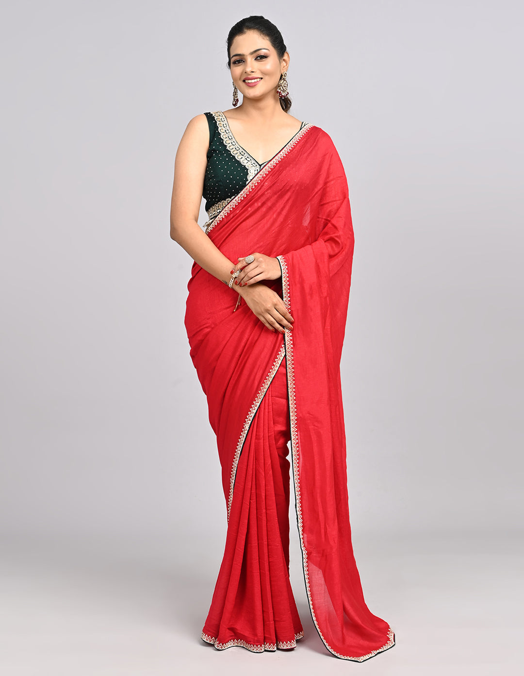 Meher – Pink Silk Saree with Swarovski Stone Border & Contrast Blouse | Fazals