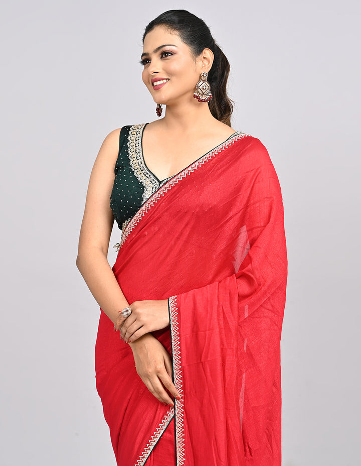 Meher – Pink Silk Saree with Swarovski Stone Border & Contrast Blouse | Fazals
