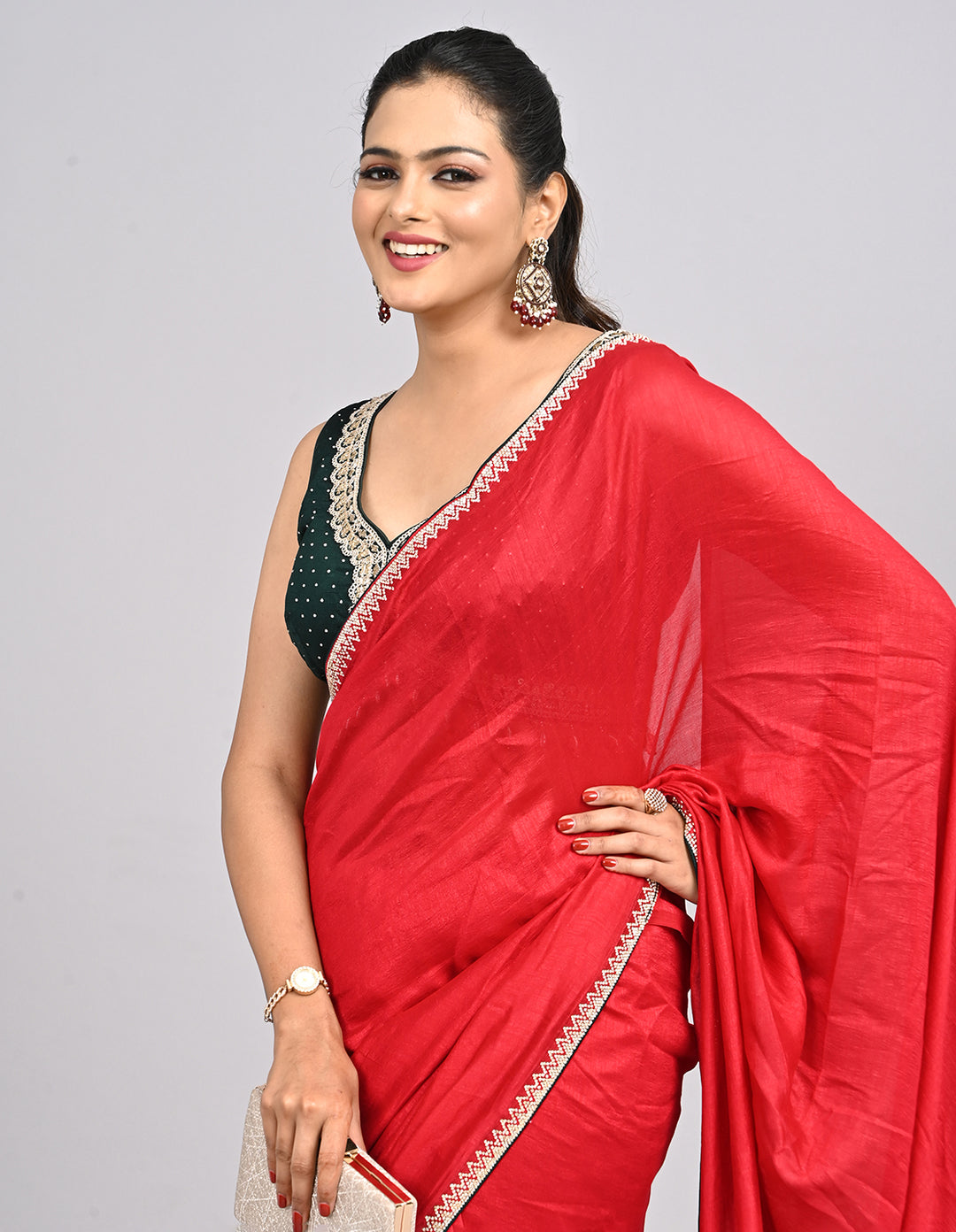 Meher – Pink Silk Saree with Swarovski Stone Border & Contrast Blouse | Fazals