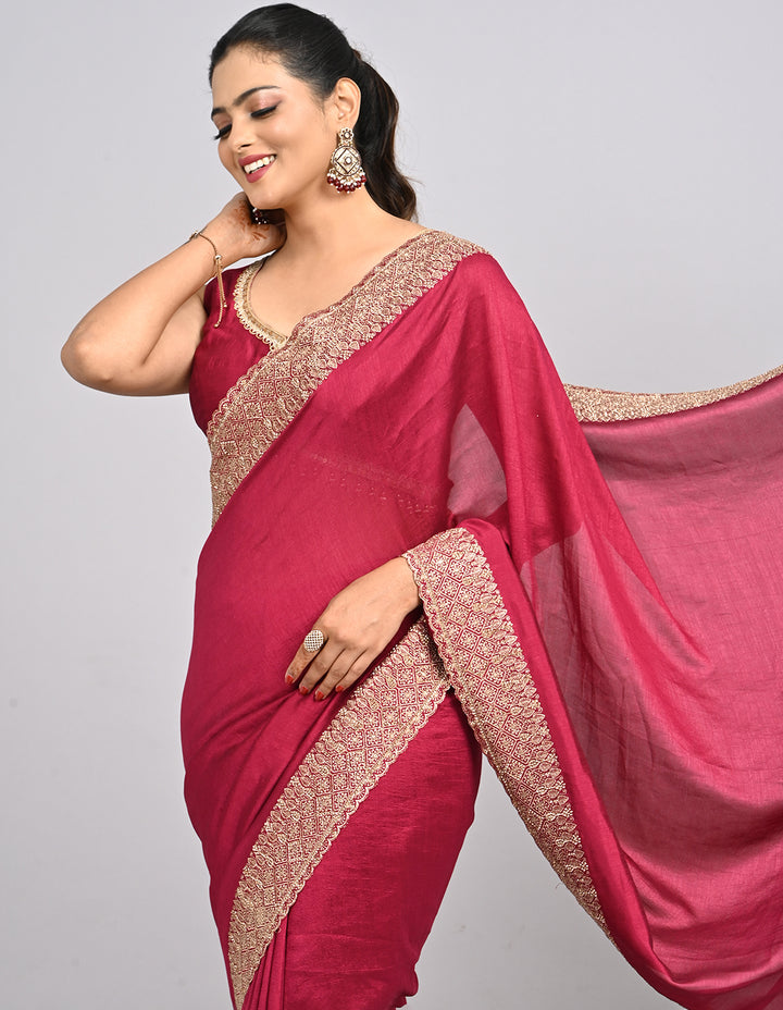 Iraaya – Wine Silk Saree with Zari Border & Self-Coloured Blouse | Fazals