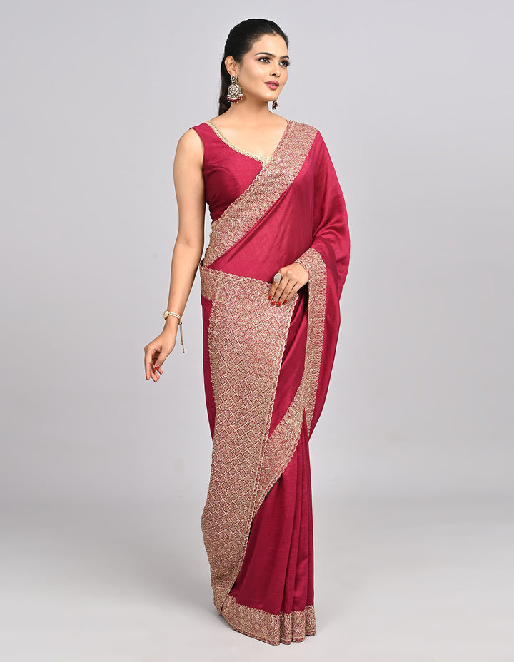 Iraaya – Wine Silk Saree with Zari Border & Self-Coloured Blouse | Fazals