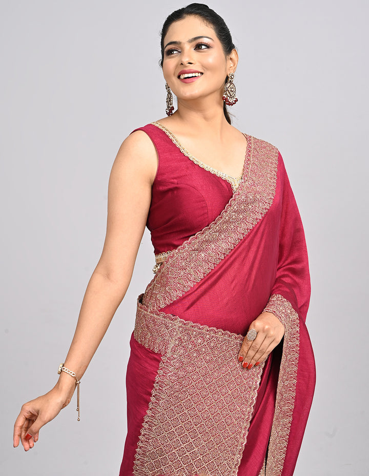 Iraaya – Wine Silk Saree with Zari Border & Self-Coloured Blouse | Fazals