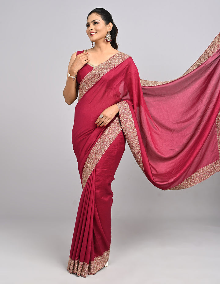Iraaya – Wine Silk Saree with Zari Border & Self-Coloured Blouse | Fazals