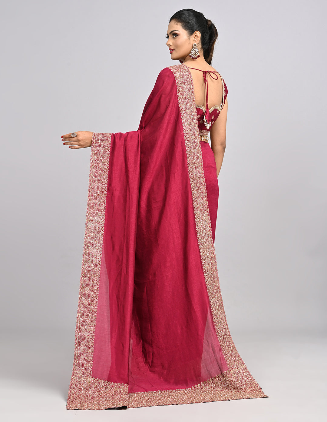 Iraaya – Wine Silk Saree with Zari Border & Self-Coloured Blouse | Fazals
