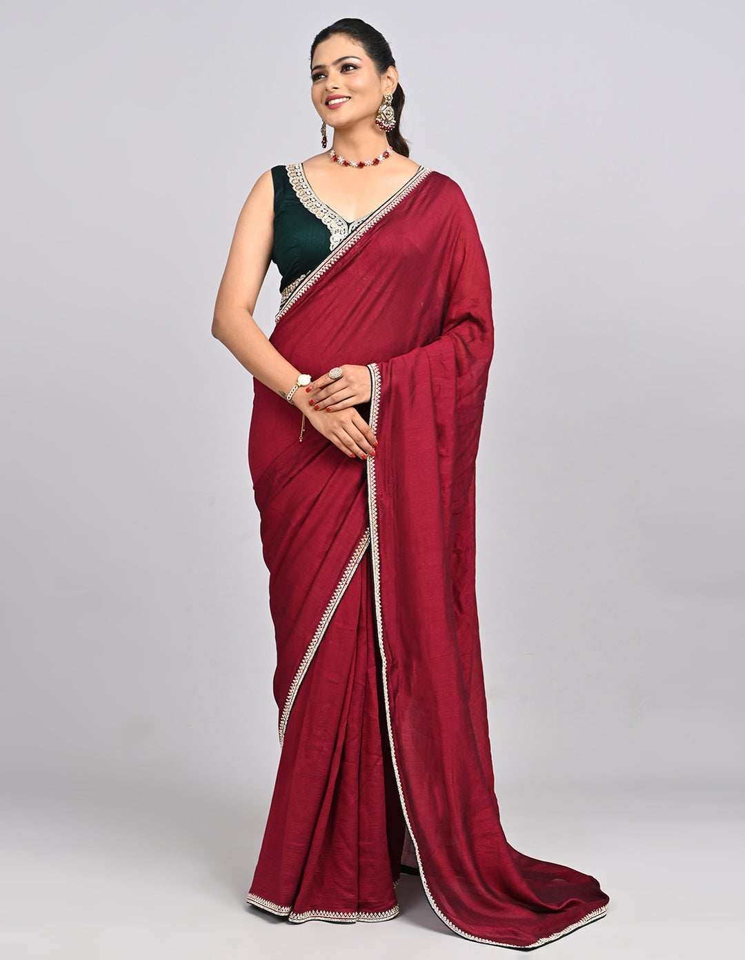 Myra – Maroon Silk Saree with Swarovski Border & Contrast Blouse | Fazals