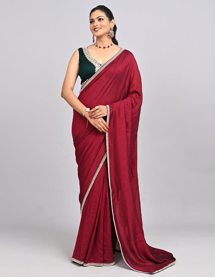 Myra – Maroon Silk Saree with Swarovski Border & Contrast Blouse | Fazals