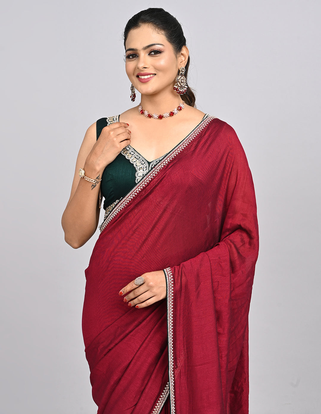 Myra – Maroon Silk Saree with Swarovski Border & Contrast Blouse | Fazals