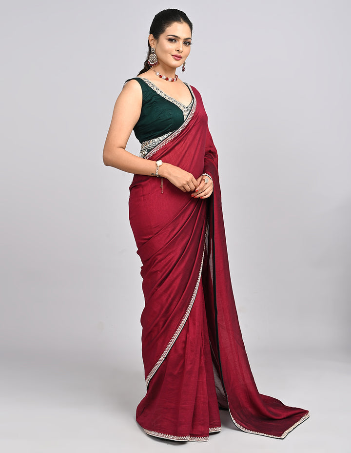 Myra – Maroon Silk Saree with Swarovski Border & Contrast Blouse | Fazals