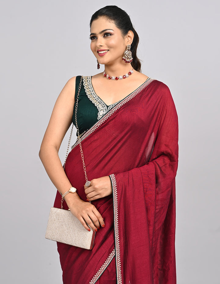 Myra – Maroon Silk Saree with Swarovski Border & Contrast Blouse | Fazals