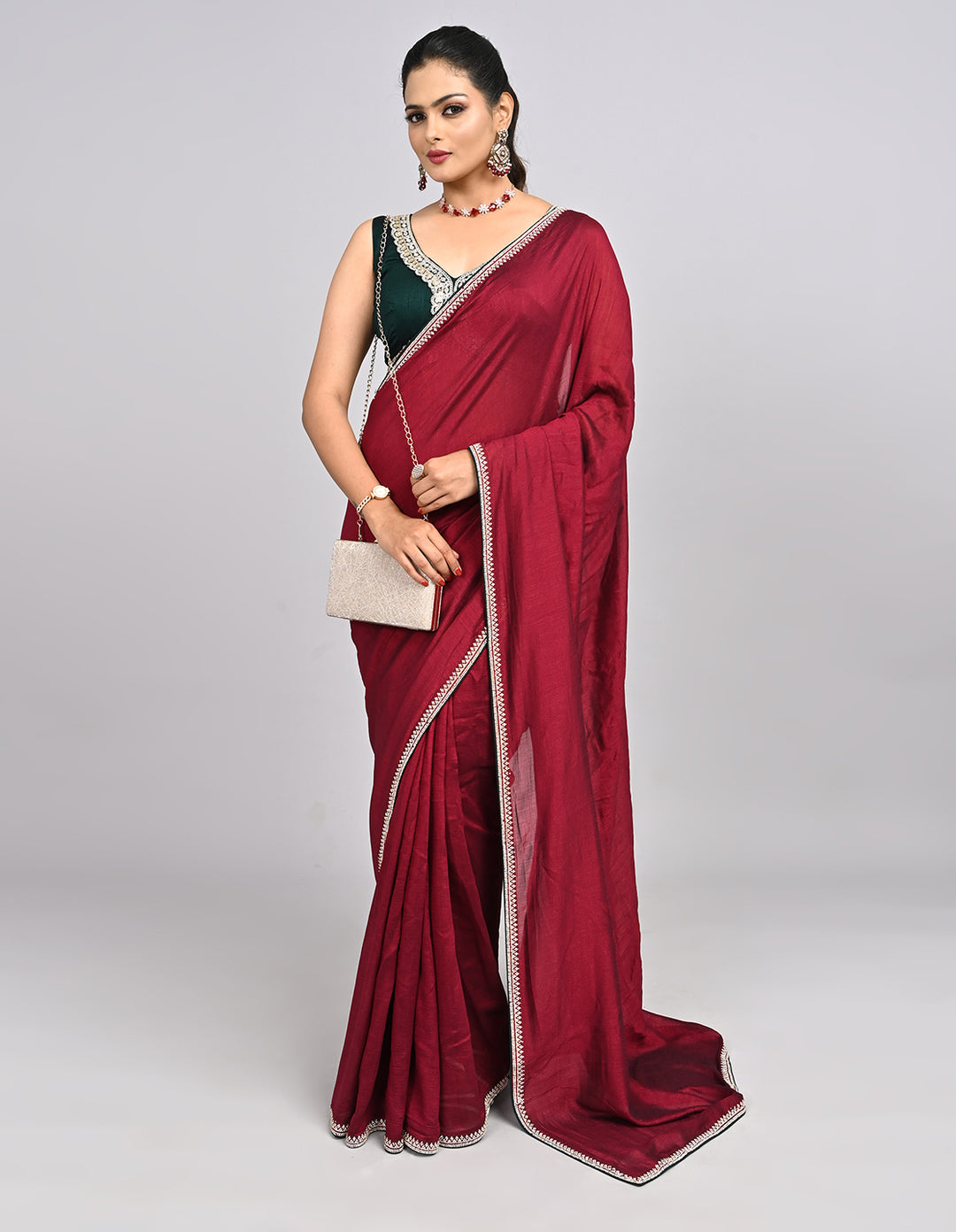 Myra – Maroon Silk Saree with Swarovski Border & Contrast Blouse | Fazals
